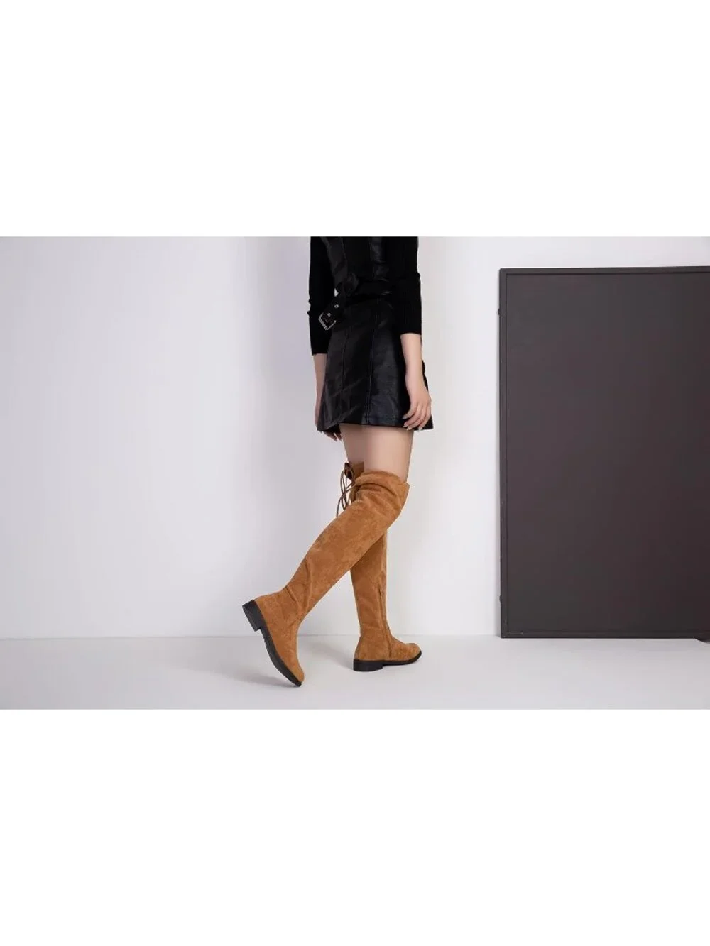 Women's Camel Synthetic Suede Side Zipper Flat Heel Stretch Over The Knee Boots